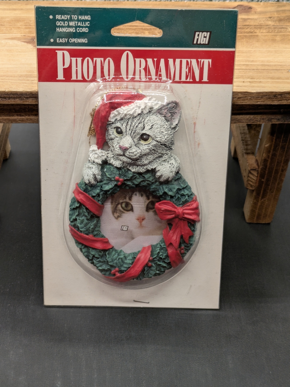 FIGI Cat Photo Ornament in Green Wreath with Red Accents